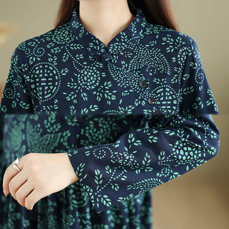 Buddha Stones Printed Floral Long Sleeve Stand Collar Cotton Maxi Dress With Pockets - image 8