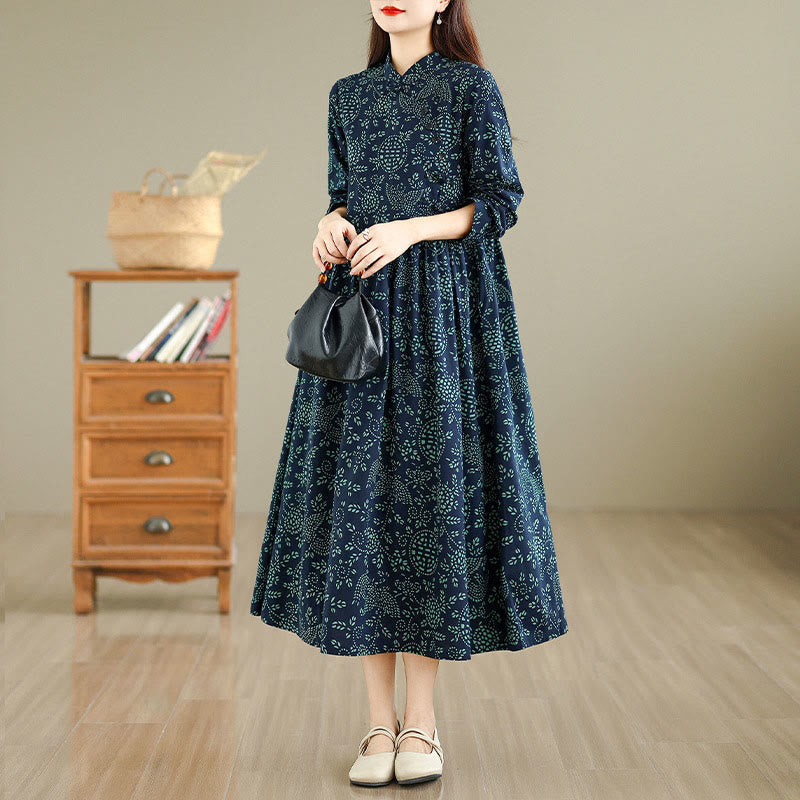 Buddha Stones Printed Floral Long Sleeve Stand Collar Cotton Maxi Dress With Pockets - MidnightBlue - US8-10，UK/AU12-14，EU40-42 (2XL) - image 1