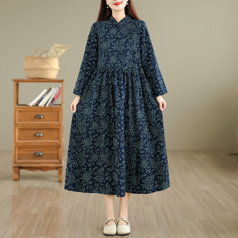Buddha Stones Printed Floral Long Sleeve Stand Collar Cotton Maxi Dress With Pockets - image 2