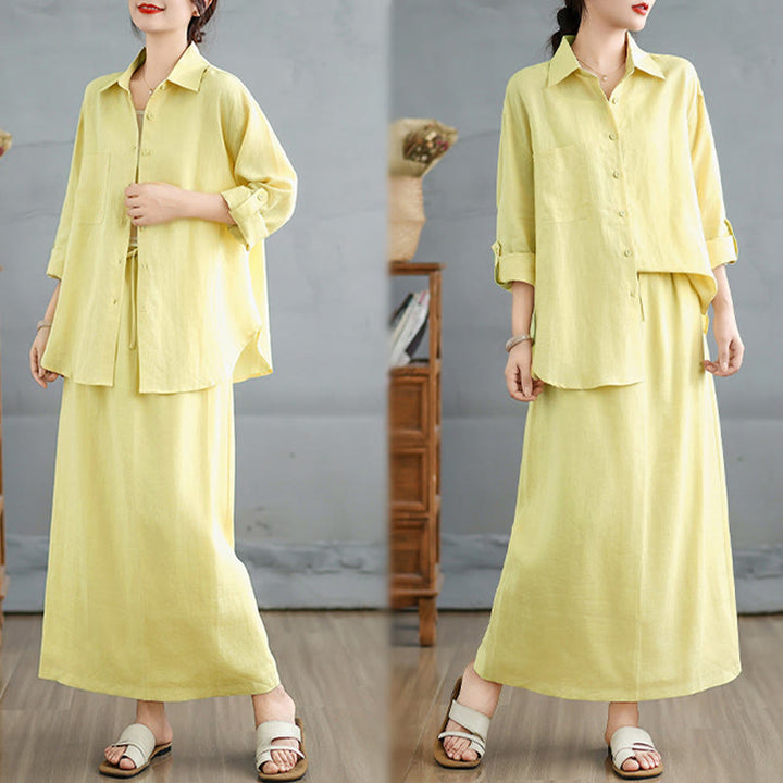 Buddha Stones 2pcs Solid Color Long Sleeve Buttons Shirt 7-8 Length Skirt Cotton Set With Pockets  - image 20