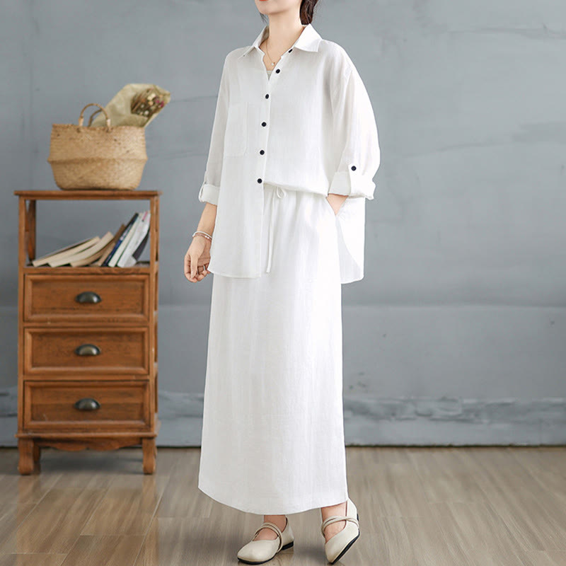 Buddha Stones 2pcs Solid Color Long Sleeve Buttons Shirt 7-8 Length Skirt Cotton Set With Pockets  - image 11