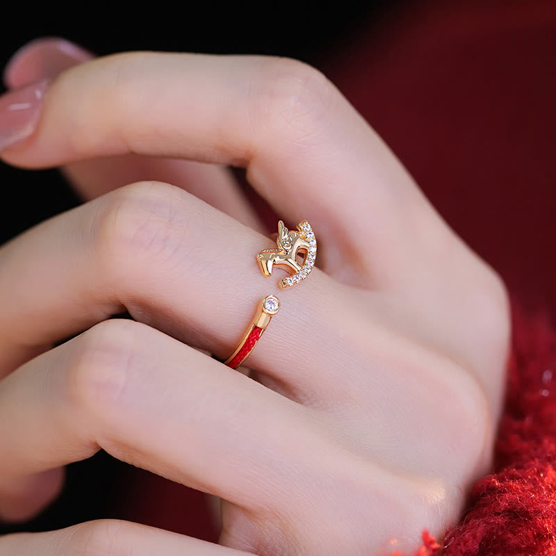 Buddha Stones Opening Copper Golden Year Of The Horse Luck Red String Ring - image 10