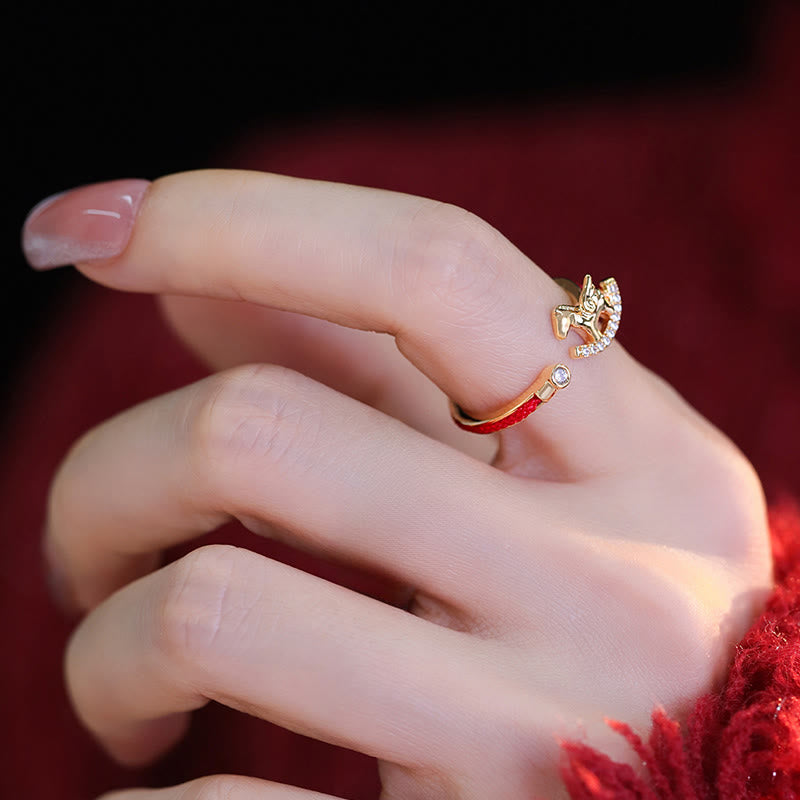 Buddha Stones Opening Copper Golden Year Of The Horse Luck Red String Ring - image 9