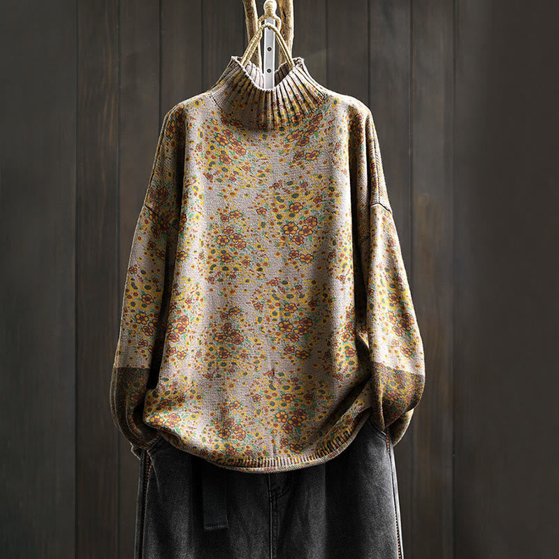 Buddha Stones Women's Knitted Floral Cotton Ribbed Hem Long Sleeve Mock Neck Sweater - Tan - US4-6，UK/AU8-10，EU36-38 (F) - image 16