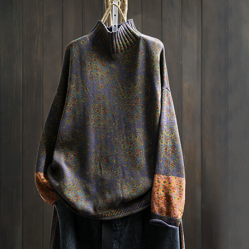 Buddha Stones Women's Knitted Floral Cotton Ribbed Hem Long Sleeve Mock Neck Sweater - Indigo - US4-6，UK/AU8-10，EU36-38 (F) - image 18