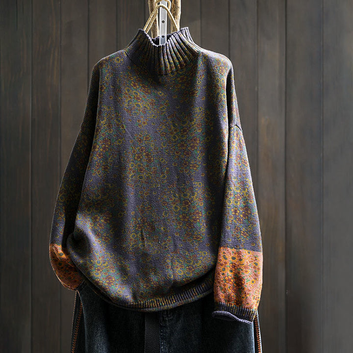 Buddha Stones Women's Knitted Floral Cotton Ribbed Hem Long Sleeve Mock Neck Sweater - Indigo - US4-6，UK/AU8-10，EU36-38 (F) - image 18