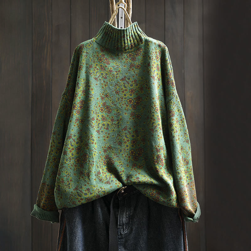 Buddha Stones Women's Knitted Floral Cotton Ribbed Hem Long Sleeve Mock Neck Sweater - SeaGreen - US4-6，UK/AU8-10，EU36-38 (F) - image 12