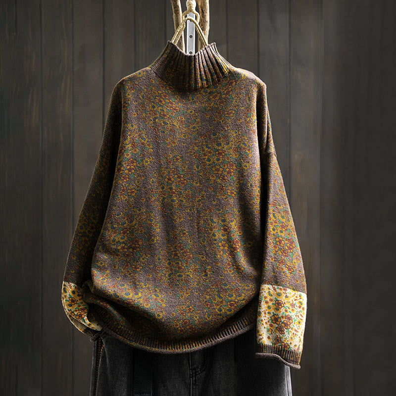 Buddha Stones Women's Knitted Floral Cotton Ribbed Hem Long Sleeve Mock Neck Sweater - SaddleBrown - US4-6，UK/AU8-10，EU36-38 (F) - image 14
