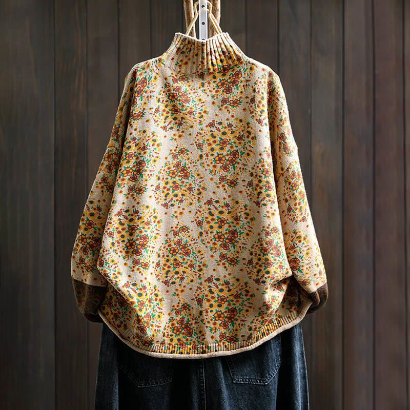 Buddha Stones Women's Knitted Floral Cotton Ribbed Hem Long Sleeve Mock Neck Sweater - image 1