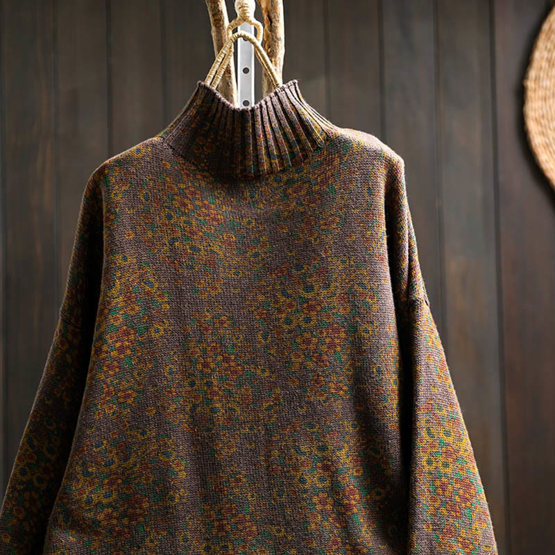 Buddha Stones Women's Knitted Floral Cotton Ribbed Hem Long Sleeve Mock Neck Sweater - image 15