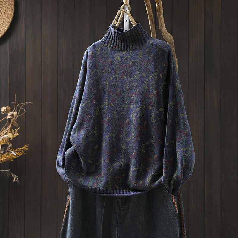 Buddha Stones Knitted Plant Pattern Long Sleeve Mock Neck Women's Cotton Sweater - DarkSlateBlue - US4-6，UK/AU8-10，EU36-38 (F) - image 18