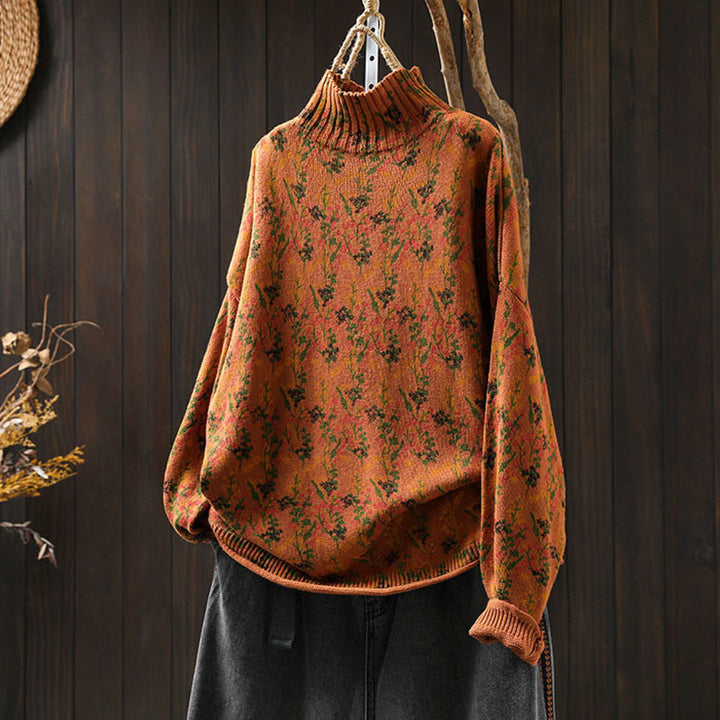 Buddha Stones Knitted Plant Pattern Long Sleeve Mock Neck Women's Cotton Sweater - DarkOrange - US4-6，UK/AU8-10，EU36-38 (F) - image 2