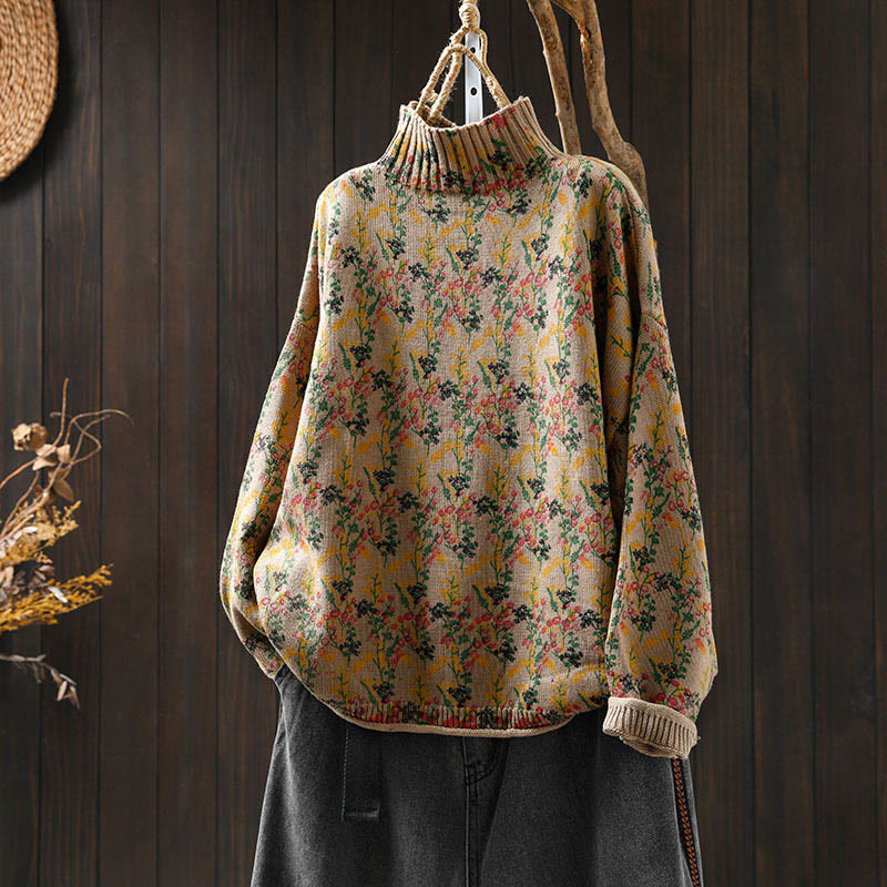 Buddha Stones Knitted Plant Pattern Long Sleeve Mock Neck Women's Cotton Sweater - BurlyWood - US4-6，UK/AU8-10，EU36-38 (F) - image 0