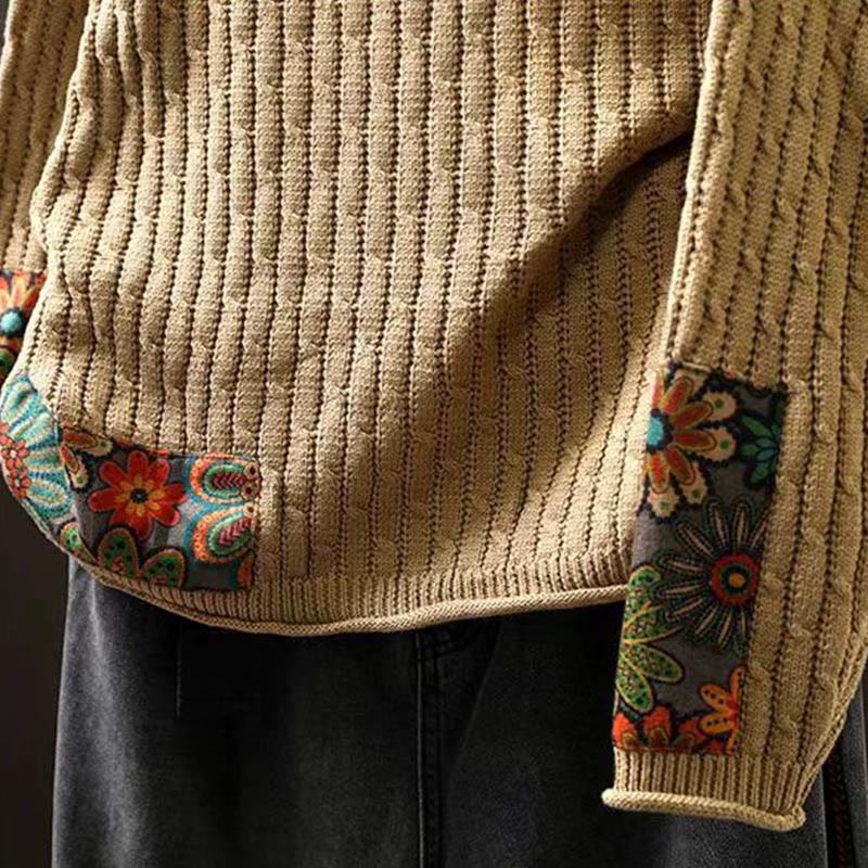 Buddha Stones Winter Patchwork Design Long Sleeve Crew Neck Women's Cotton Sweater - image 7