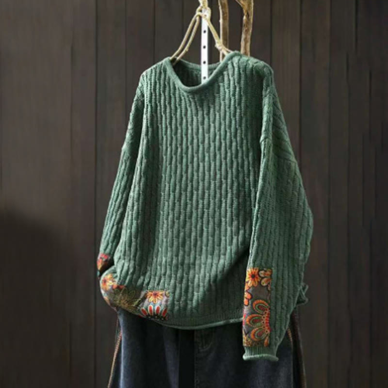 Buddha Stones Winter Patchwork Design Long Sleeve Crew Neck Women's Cotton Sweater - SeaGreen - US4-12，UK/AU8-16，EU36-44 (F) - image 0