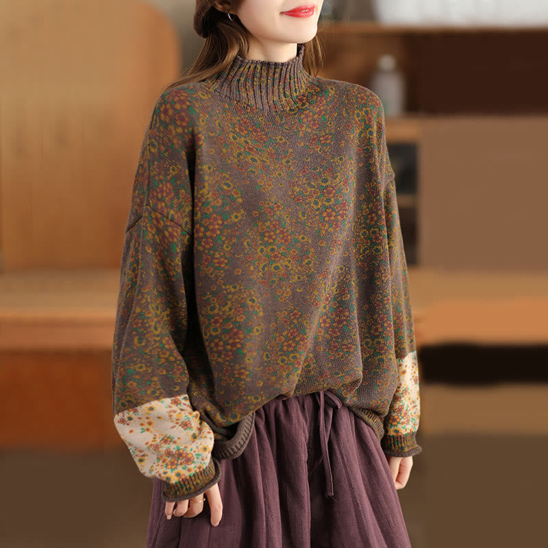 Buddha Stones Fall Printing Floral Long Sleeve Mock Neck Women's Knitted Cotton Sweater - SaddleBrown - US4-12，UK/AU8-16，EU36-44 (F) - image 18