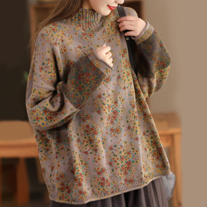 Buddha Stones Fall Printing Floral Long Sleeve Mock Neck Women's Knitted Cotton Sweater - BurlyWood - US4-12，UK/AU8-16，EU36-44 (F) - image 10