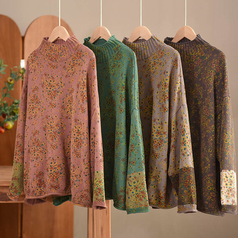 Buddha Stones Fall Printing Floral Long Sleeve Mock Neck Women's Knitted Cotton Sweater - image 20