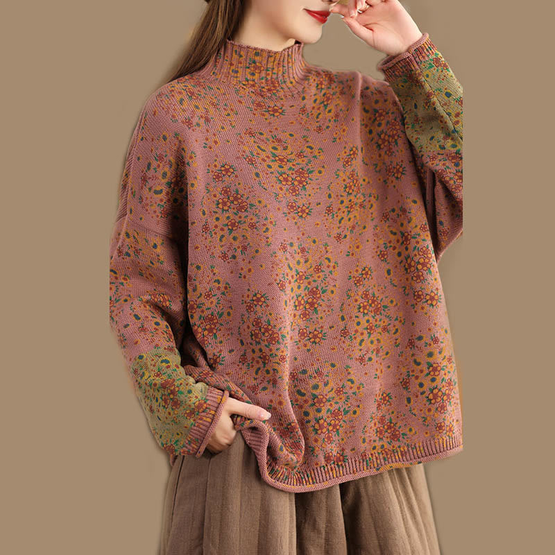Buddha Stones Fall Printing Floral Long Sleeve Mock Neck Women's Knitted Cotton Sweater - image 2
