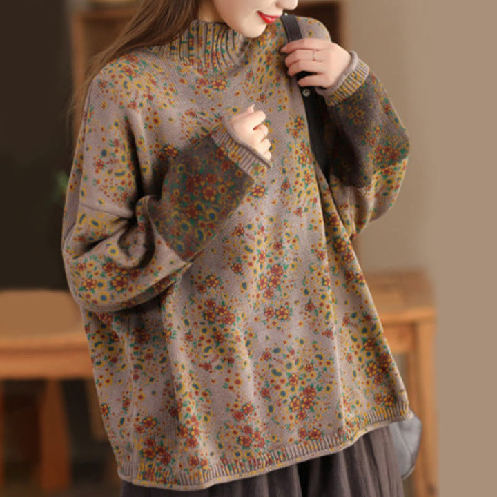 Buddha Stones Fall Printing Floral Long Sleeve Mock Neck Women's Knitted Cotton Sweater - BurlyWood - US4-12，UK/AU8-16，EU36-44 (F) - image 10