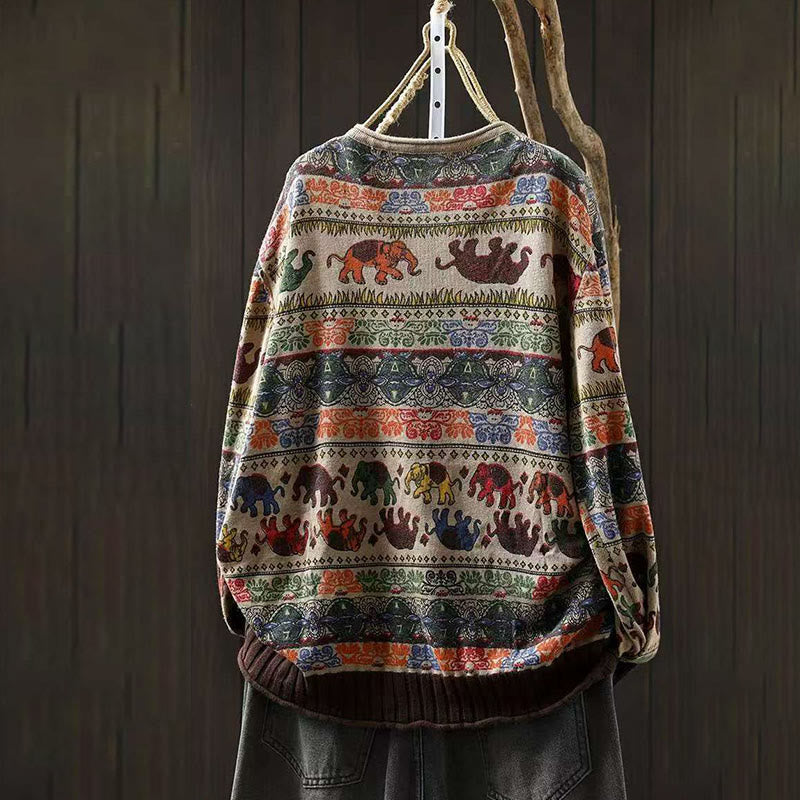 Buddha Stones Fall Elephant Pattern Knitted Cotton Women's Long Sleeve Sweater With Pockets - image 6