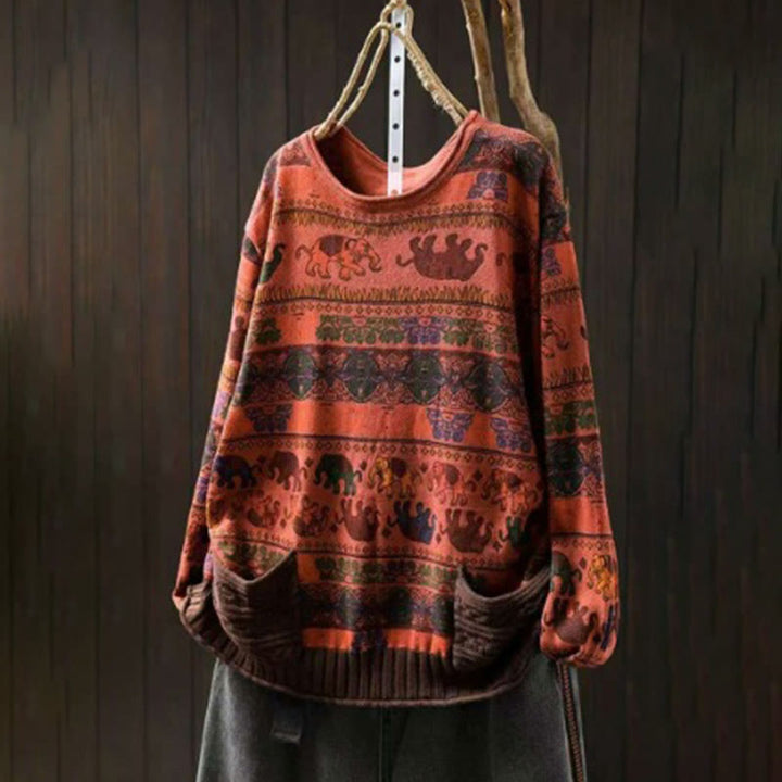 Buddha Stones Fall Elephant Pattern Knitted Cotton Women's Long Sleeve Sweater With Pockets - image 24