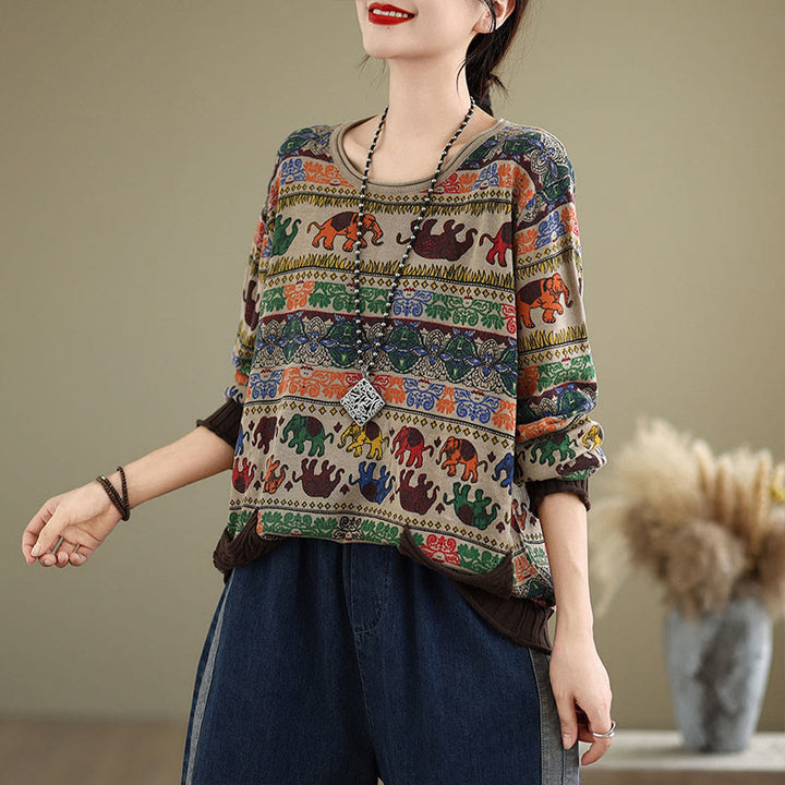 Buddha Stones Fall Elephant Pattern Knitted Cotton Women's Long Sleeve Sweater With Pockets - image 3