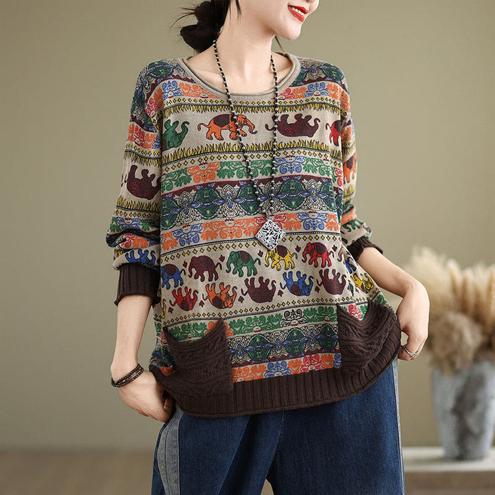 Buddha Stones Fall Elephant Pattern Knitted Cotton Women's Long Sleeve Sweater With Pockets - image 0