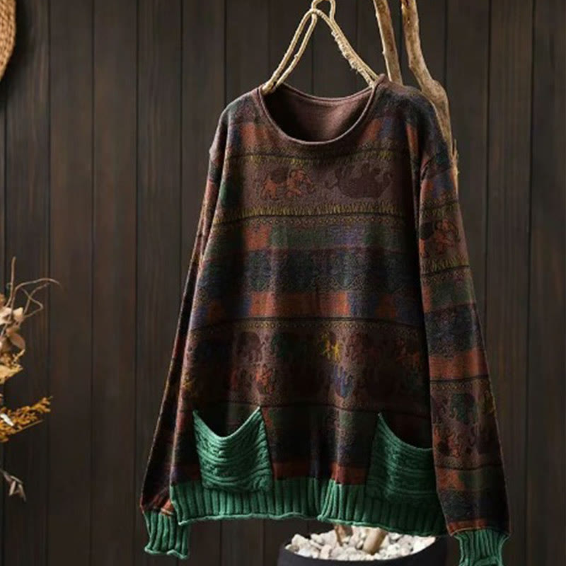Buddha Stones Fall Elephant Pattern Knitted Cotton Women's Long Sleeve Sweater With Pockets - image 18