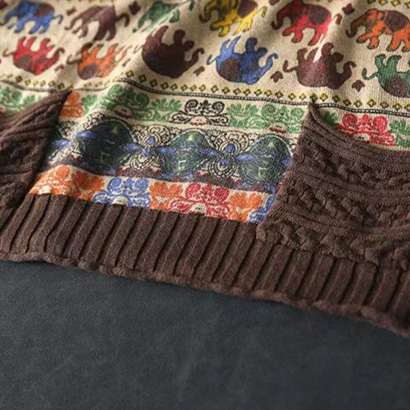 Buddha Stones Fall Elephant Pattern Knitted Cotton Women's Long Sleeve Sweater With Pockets - image 12