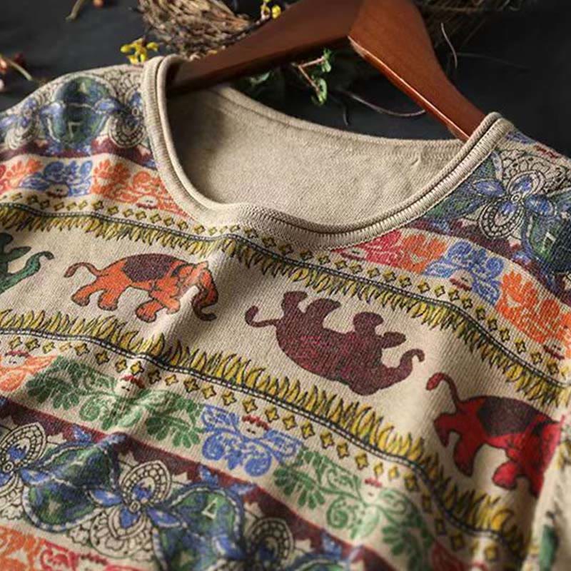 Buddha Stones Fall Elephant Pattern Knitted Cotton Women's Long Sleeve Sweater With Pockets - image 7