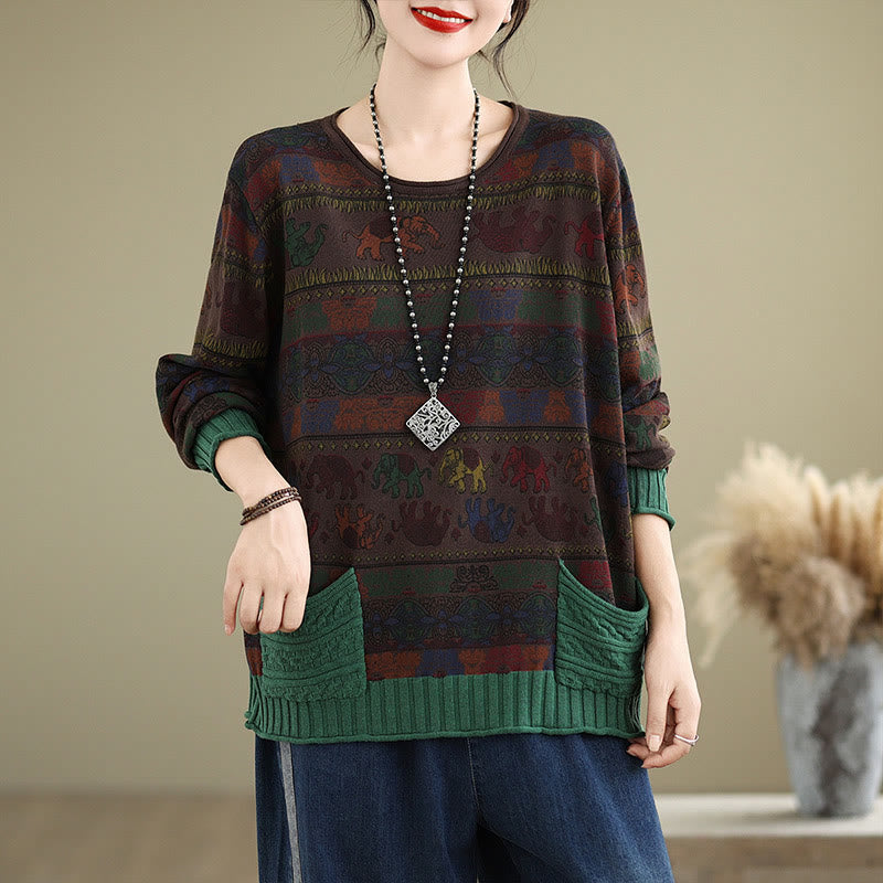 Buddha Stones Fall Elephant Pattern Knitted Cotton Women's Long Sleeve Sweater With Pockets - image 14