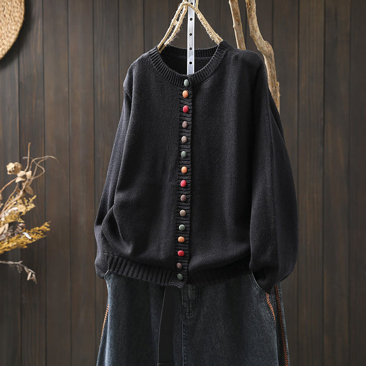 Buddha Stones Plain Knitted Colorful Buttons Design Cotton Women's Long Sleeve Cardigan Sweater - Black - US4-6，UK/AU8-10，EU36-38 (F) - image 2
