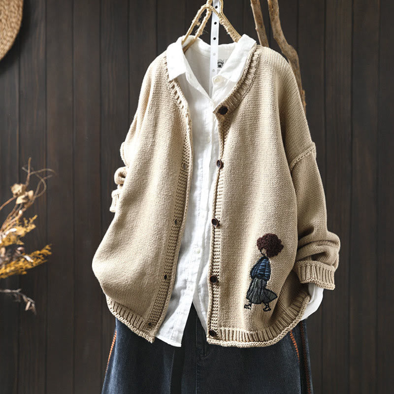 Buddha Stones Patchwork Figure Pattern Buttons Cotton Women's Long Sleeve Cardigan Sweater - Tan - US4-6，UK/AU8-10，EU36-38 (F) - image 0