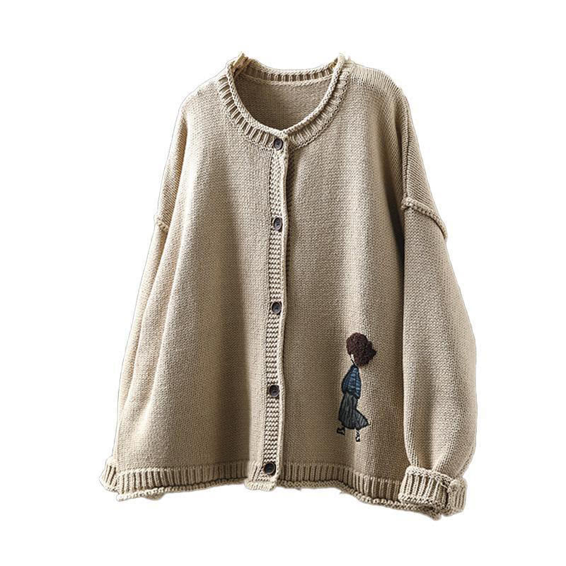 Buddha Stones Patchwork Figure Pattern Buttons Cotton Women's Long Sleeve Cardigan Sweater - image 10
