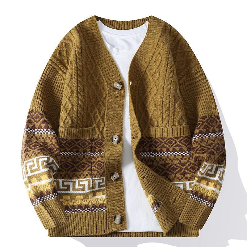 Buddha Stones Jacquard Ethnic Long Sleeve Men's Knitted Sweater With Pockets - DarkGoldenrod - US/UK/AU44，EU54 (4XL) - image 8