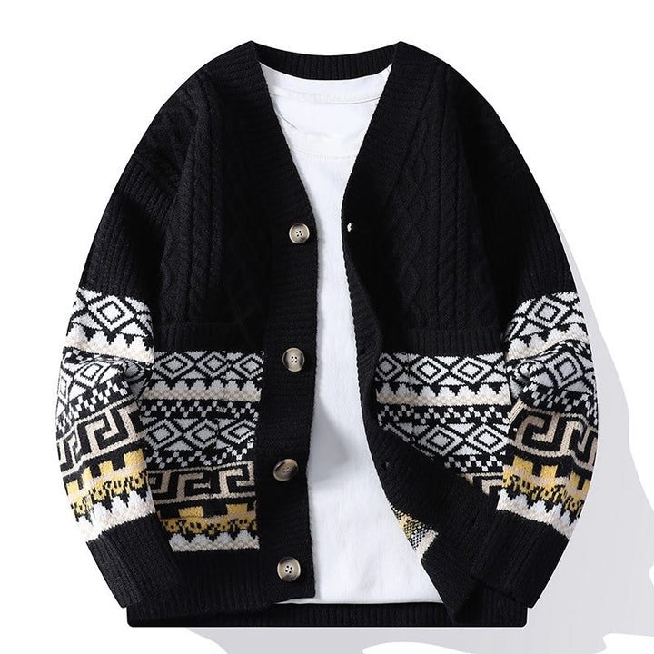 Buddha Stones Jacquard Ethnic Long Sleeve Men's Knitted Sweater With Pockets - Black - US/UK/AU44，EU54 (4XL) - image 7