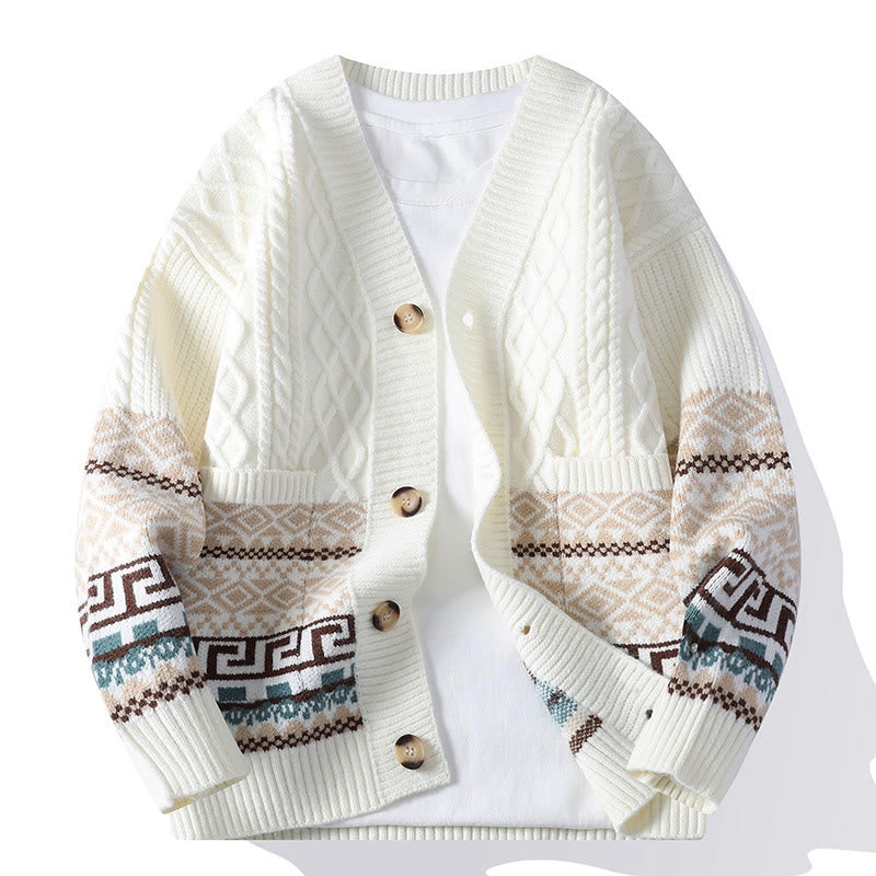 Buddha Stones Jacquard Ethnic Long Sleeve Men's Knitted Sweater With Pockets - White - US/UK/AU44，EU54 (4XL) - image 0
