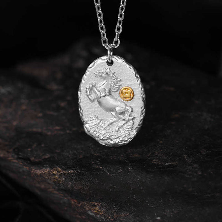 Buddha Stones 999 Sterling Silver Year Of The Horse 925 Sterling Silver Chain Prosperity Necklace Pendant - image 1