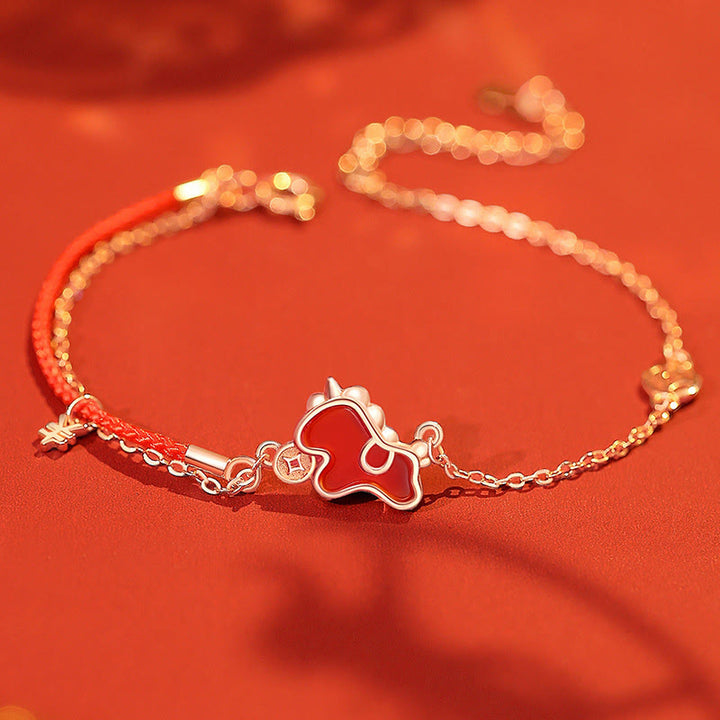 Buddha Stones 925 Sterling Silver Coin Red Agate Year Of The Horse Asymmetric Protection Earrings - Horse Bracelet - image 10