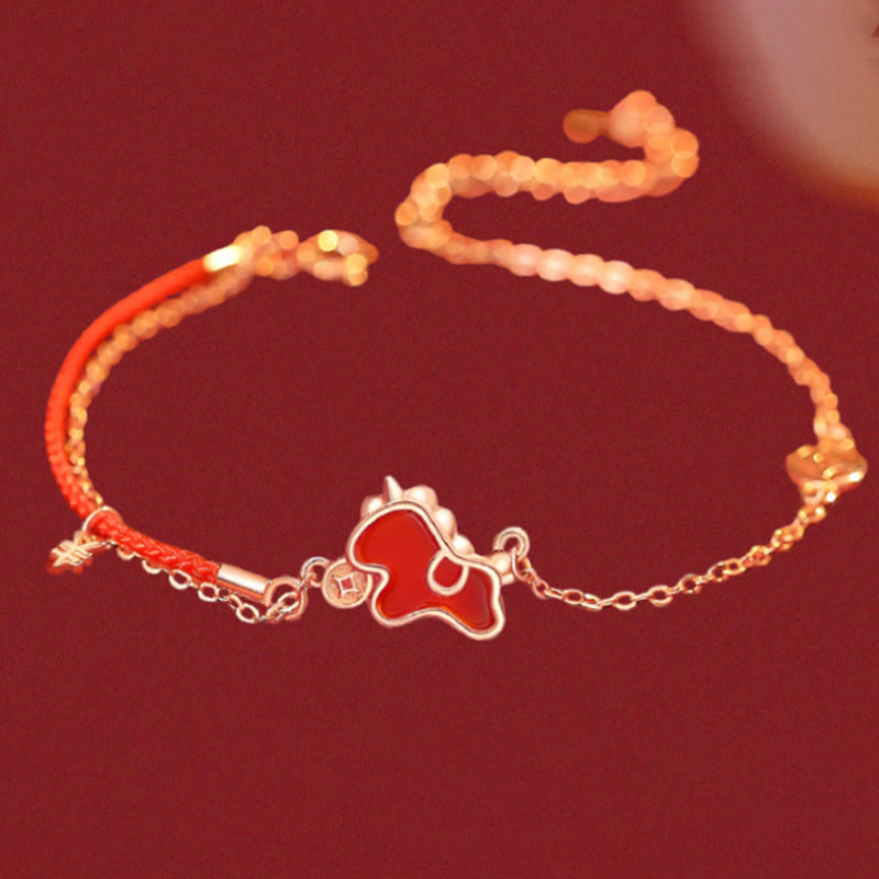 Buddha Stones 925 Sterling Silver Year Of The Horse Red String Red Agate Coin Charm Luck Bracelet - image 1