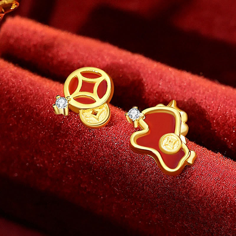 Buddha Stones 925 Sterling Silver Coin Red Agate Year Of The Horse Asymmetric Protection Earrings - Golden Horse Earrings - image 7