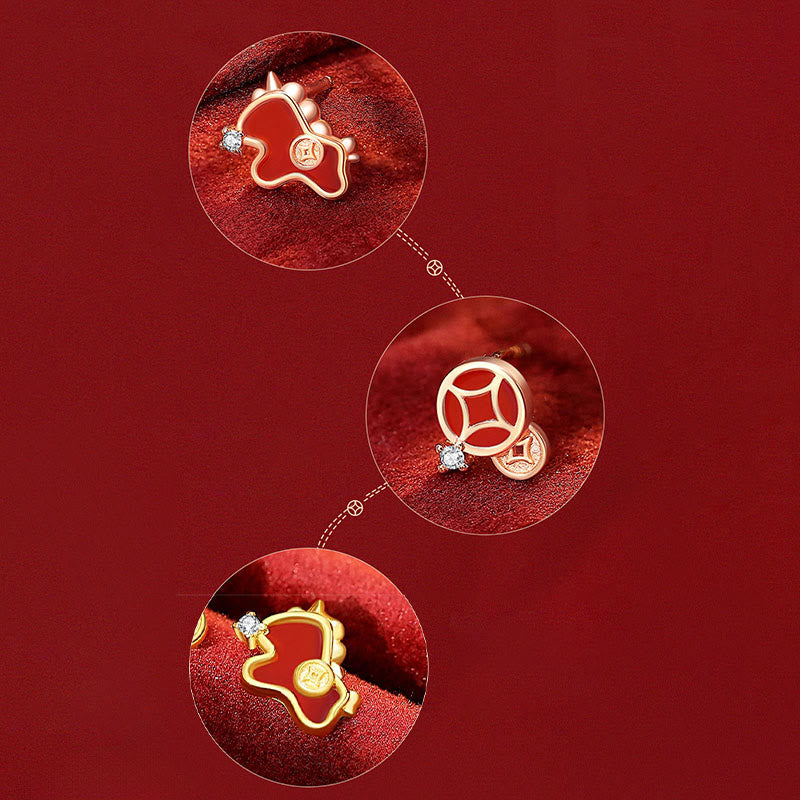 Buddha Stones 925 Sterling Silver Coin Red Agate Year Of The Horse Asymmetric Protection Earrings - image 9