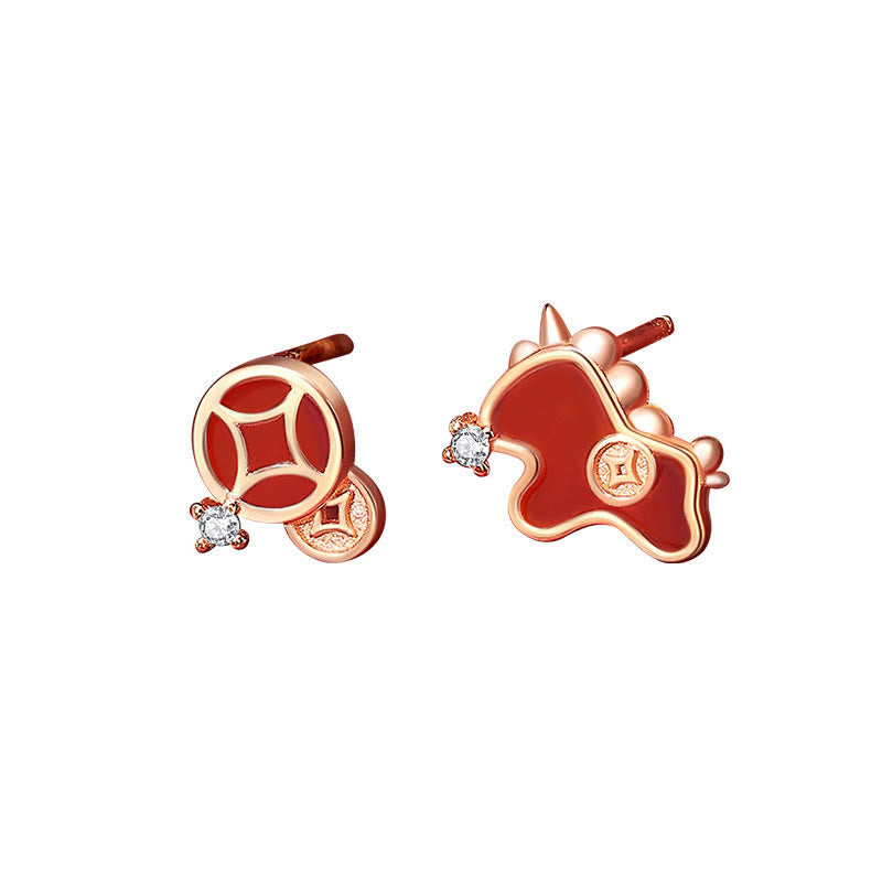 Buddha Stones 925 Sterling Silver Coin Red Agate Year Of The Horse Asymmetric Protection Earrings - image 4