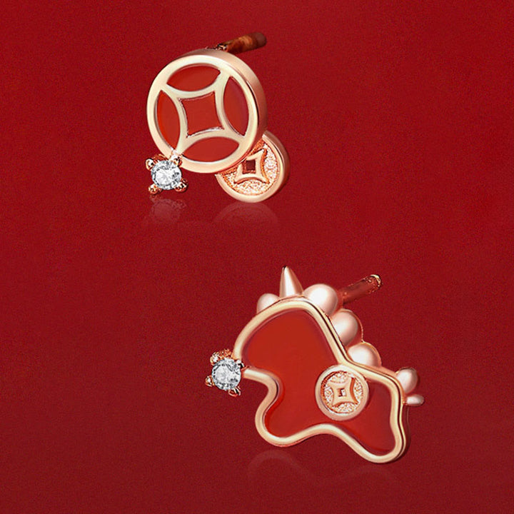Buddha Stones 925 Sterling Silver Coin Red Agate Year Of The Horse Asymmetric Protection Earrings - image 1