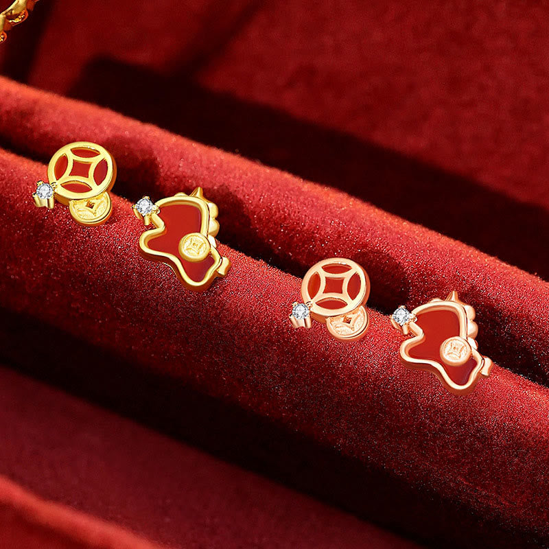 Buddha Stones 925 Sterling Silver Coin Red Agate Year Of The Horse Asymmetric Protection Earrings - image 8