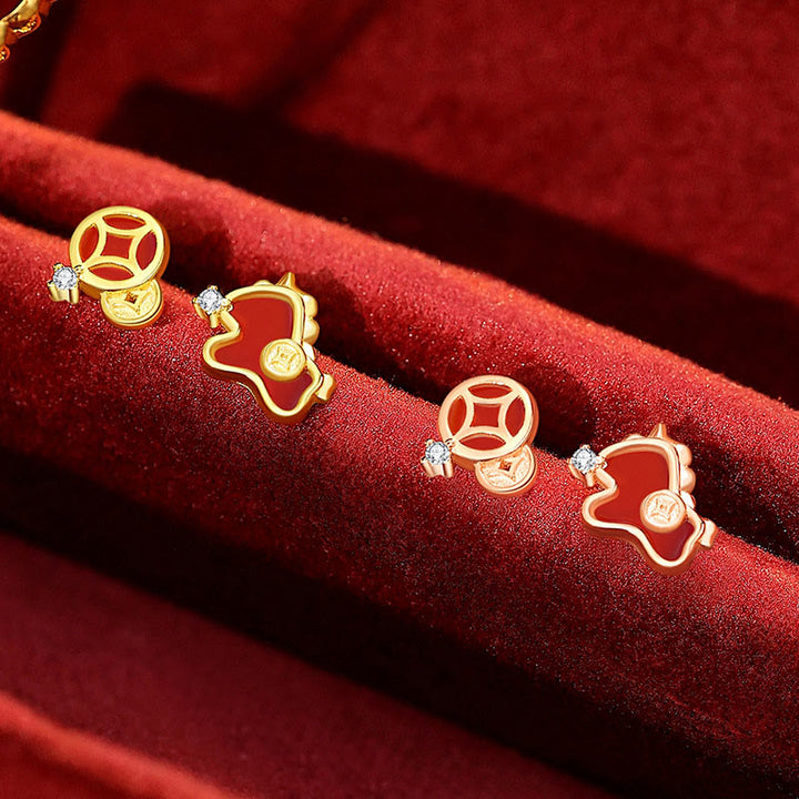 Buddha Stones 925 Sterling Silver Coin Red Agate Year Of The Horse Asymmetric Protection Earrings - image 8