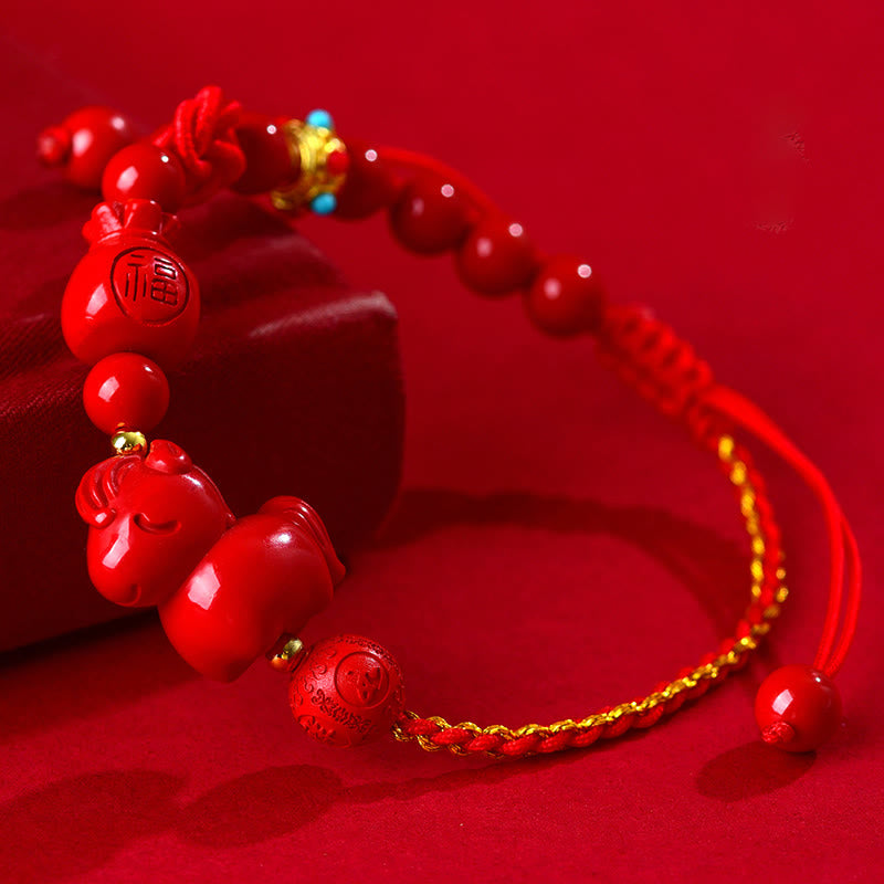Buddha Stones Year of the Horse Natural Cinnabar Fu Character Lucky Bag Blessing Bracelet - Cinnabar(Wrist Circumference 14-18cm) - image 0