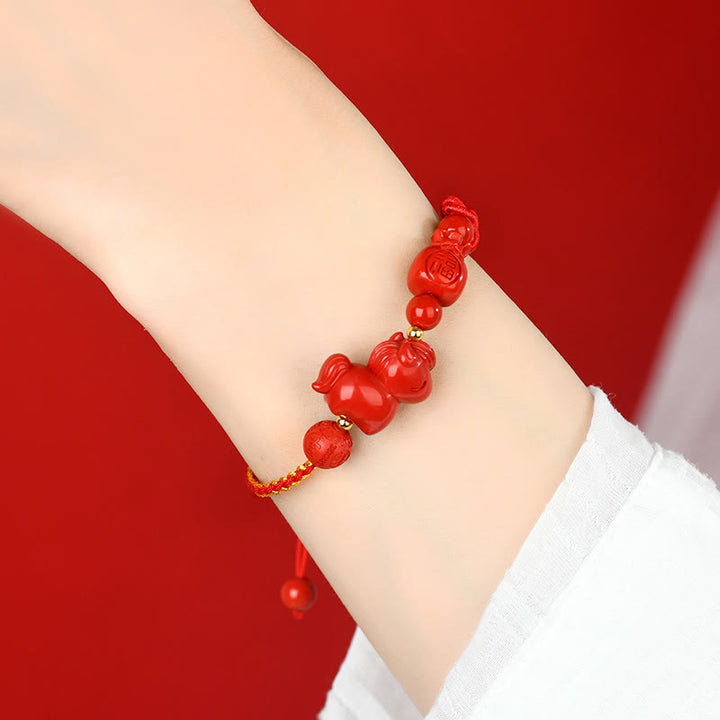 Buddha Stones Year of the Horse Natural Cinnabar Fu Character Lucky Bag Blessing Bracelet - image 4