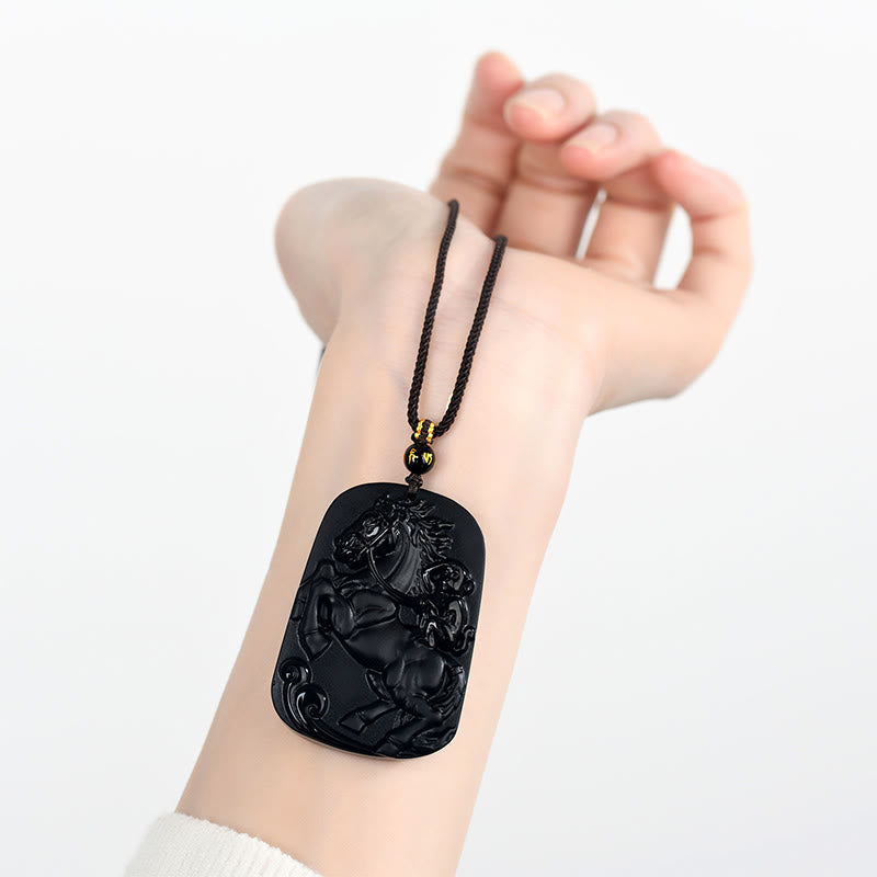 Buddha Stones Year of the Horse Natural Black Obsidian Strength Necklace Pendant - image 5
